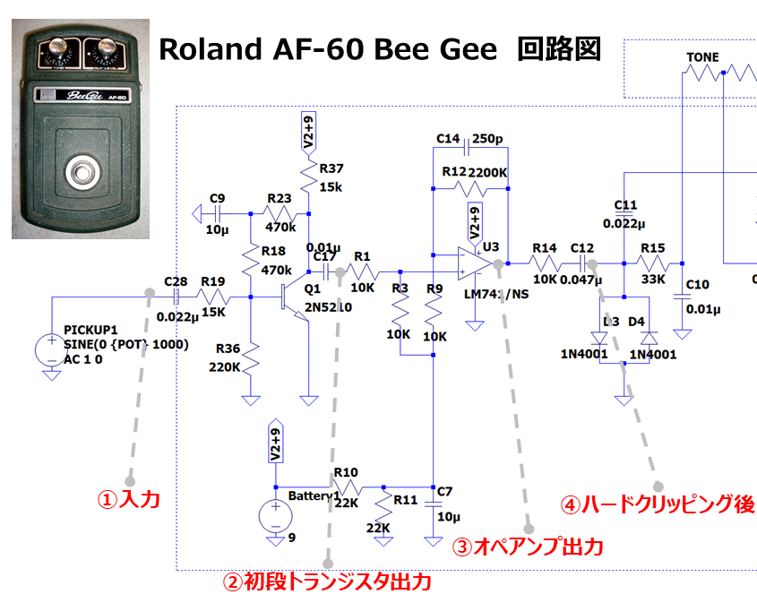 シミュレーションでお勉強：Roland AF-60 BeeGeeのハードクリッピッグ回路、実は凄かった！ | Project JAZZCASTER -  by カバ野郎